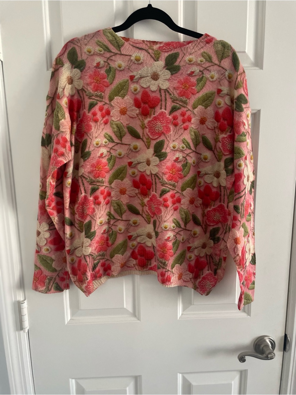 SHEIN Pink Floral Crewneck Sweater with Green and Cream Accents